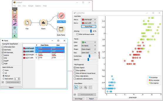 Feature scoring for finding interesting data projections.